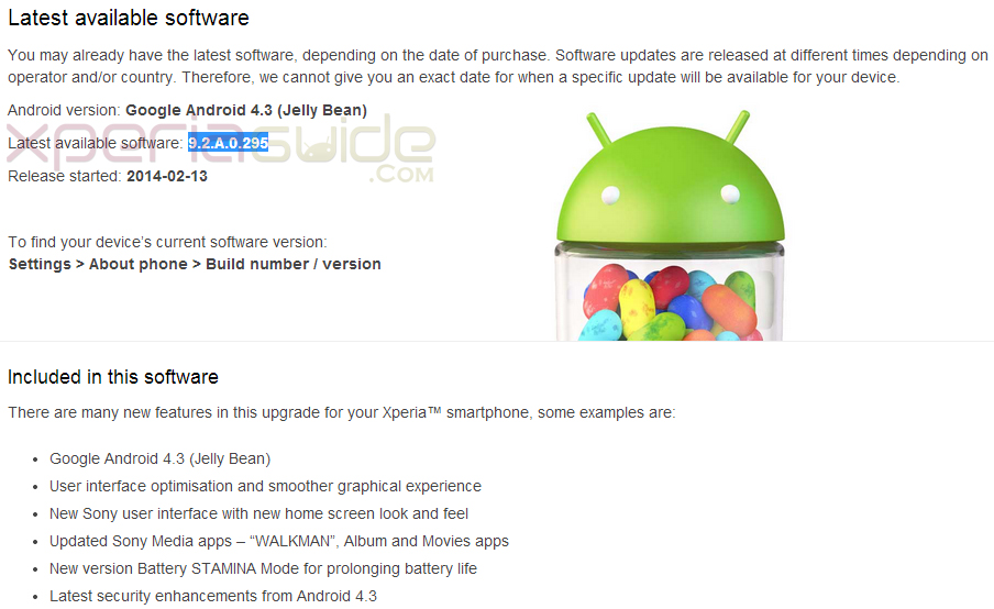 Xperia V, T, TX Android 4.3 9.2.A.0.295 firmware update