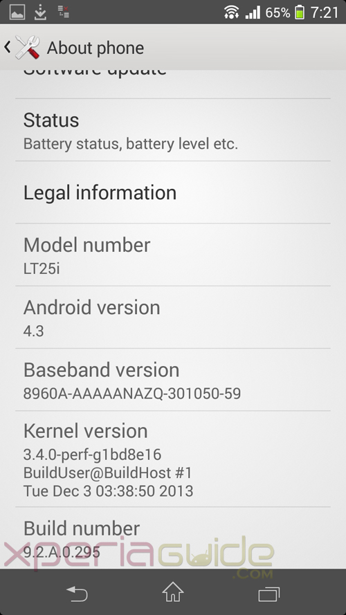 Xperia V Android 4.3 9.2.A.0.295 firmware about phone