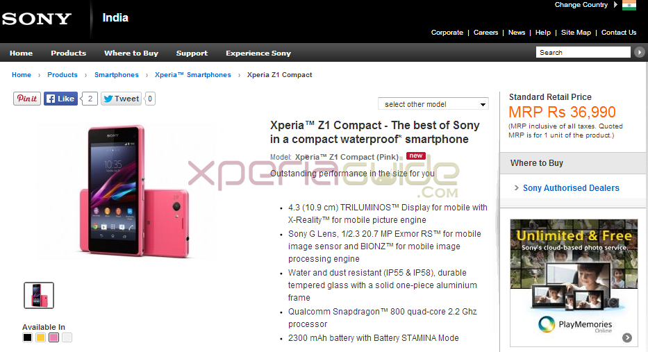 Xperia Z1 Compact Price in India INR 36990