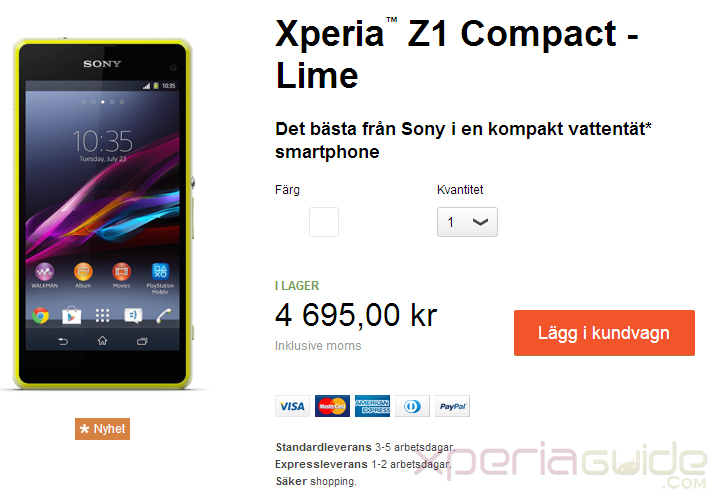 Xperia Z1 Compact shipping in Sweden at 4695kr