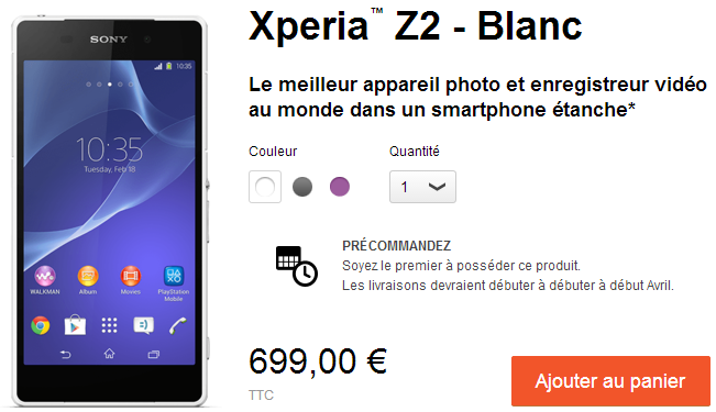 Xperia Z2 Price in France Spain Italy €699