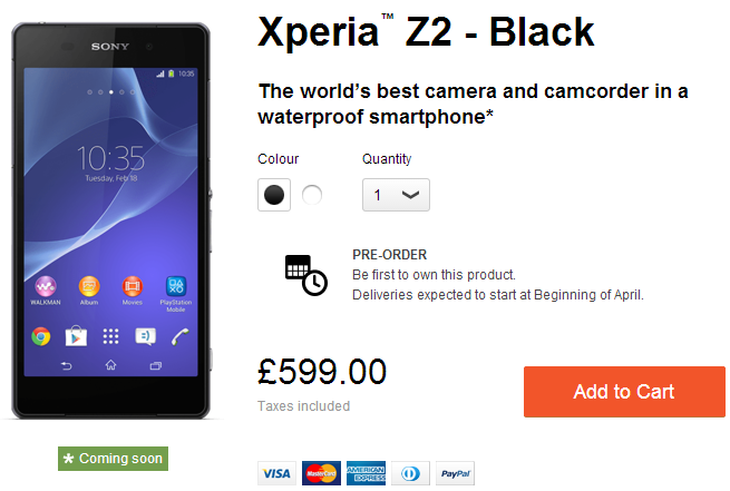 Xperia Z2 Price in UK  £599