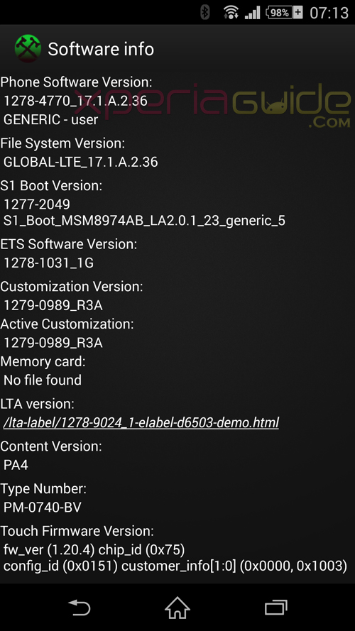 Software info Xperia Z2 17.1.A.2.36 firmware