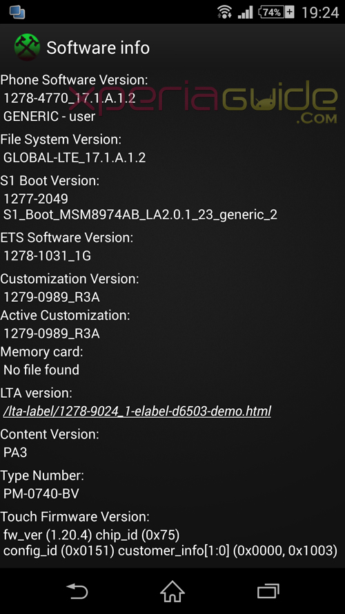 Xperia Z2 17.1.A.1.2 firmware - Software Info