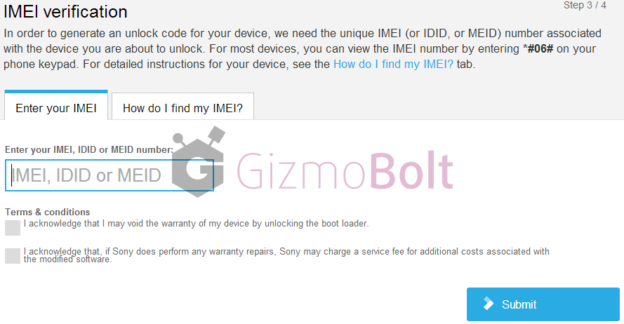 Enter IMEI number for unlocking boot loader on Xperia
