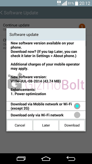 LG G3 D855 43.74 MB V10e OTA update