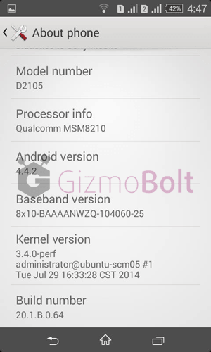 Xperia E1 Dual 20.1.B.0.64 firmware screenshots