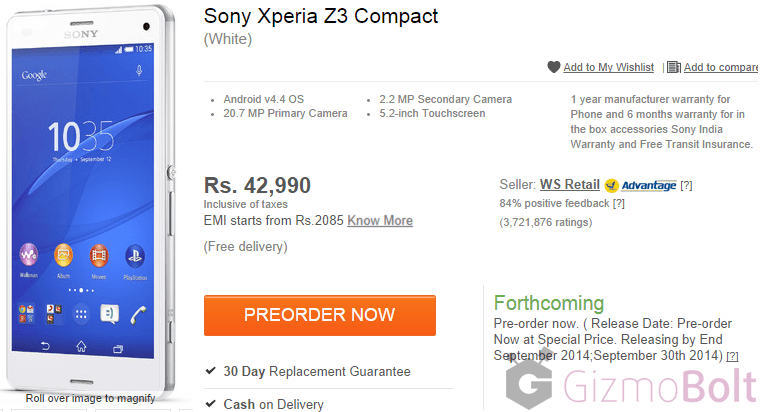 Xperia Z3 Compact for Rs 42990 Flipkart