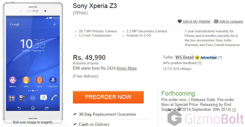 Xperia Z3 for Rs 49990 Flipkart