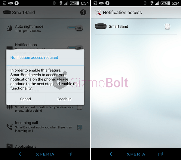 Allow notifications on Sony SmartBand SWR10 app