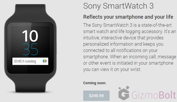 Sony SmartWatch 3 priced at $249.99