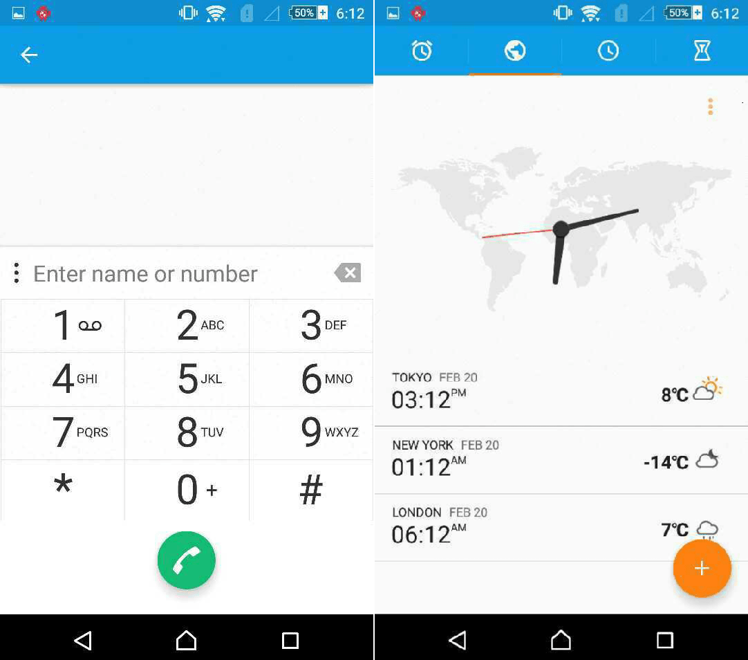 Xperia Z4 Dual Android 5.0.2 Lollipop Clock and Dialer app screenshots