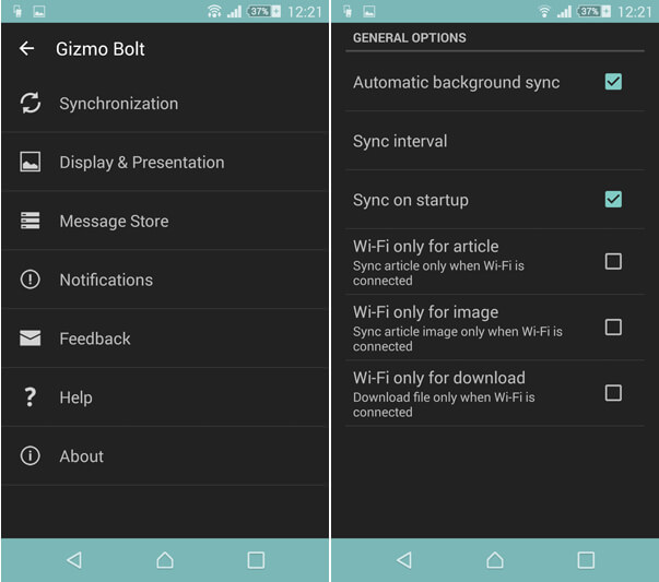 GizmoBolt Android App Settings Menu