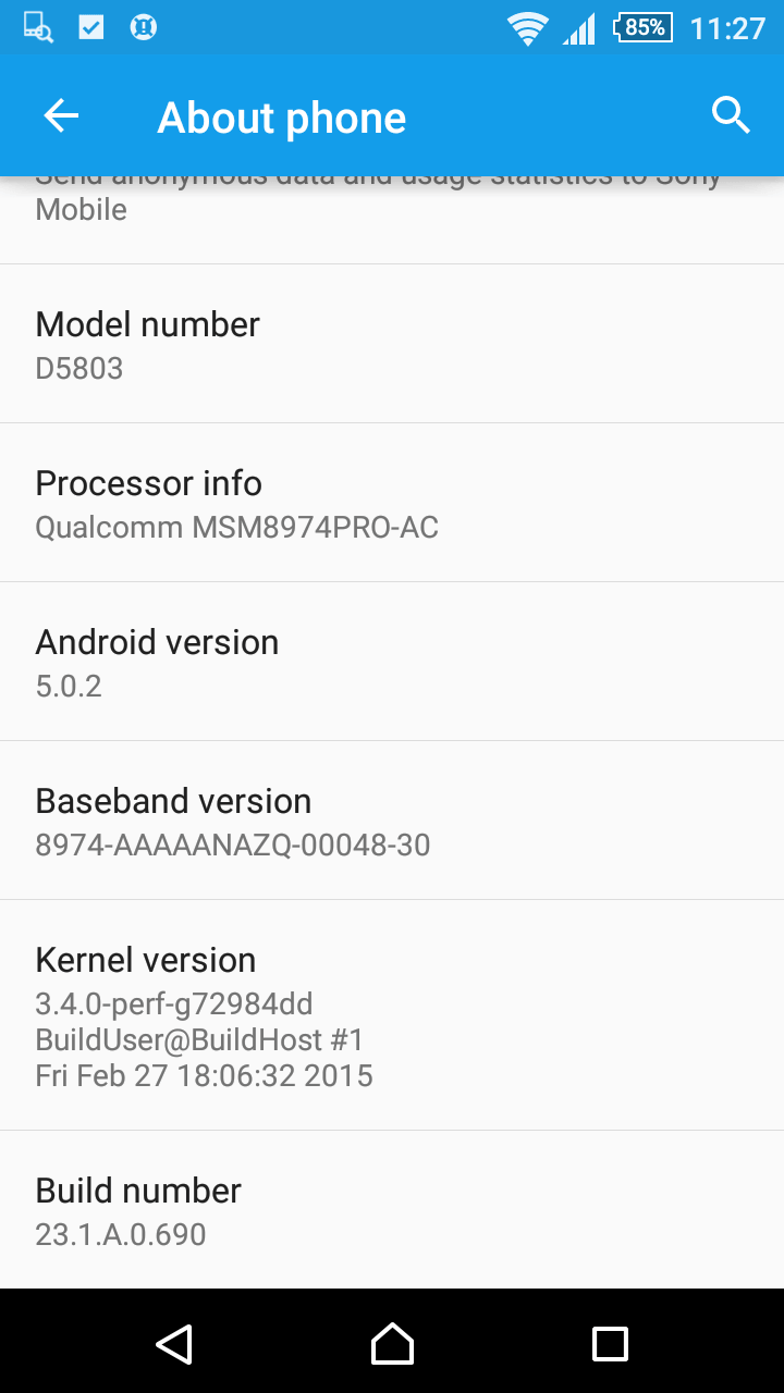 Xperia Z3 Compact 23.1.A.0.690 firmware about phone screenshot