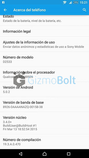 Xperia C3 Lollipop 19.3.A.0.470 about phone screenshot