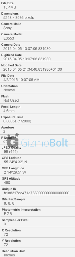 Xperia Z4 Camera Sample EXIF Data Leaked
