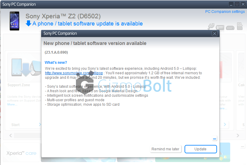 Xperia Z2 PC Companion 23.1.A.0.690 firmware update