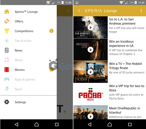 Xperia Lounge 3.0.5 menu options