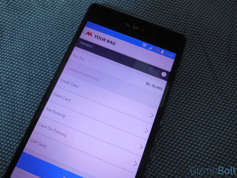 Payment Options on Myntra Mobile App