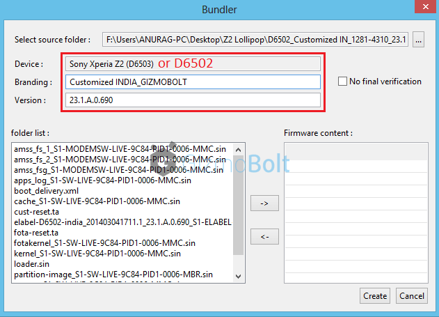 Firmware naming using Flashtool