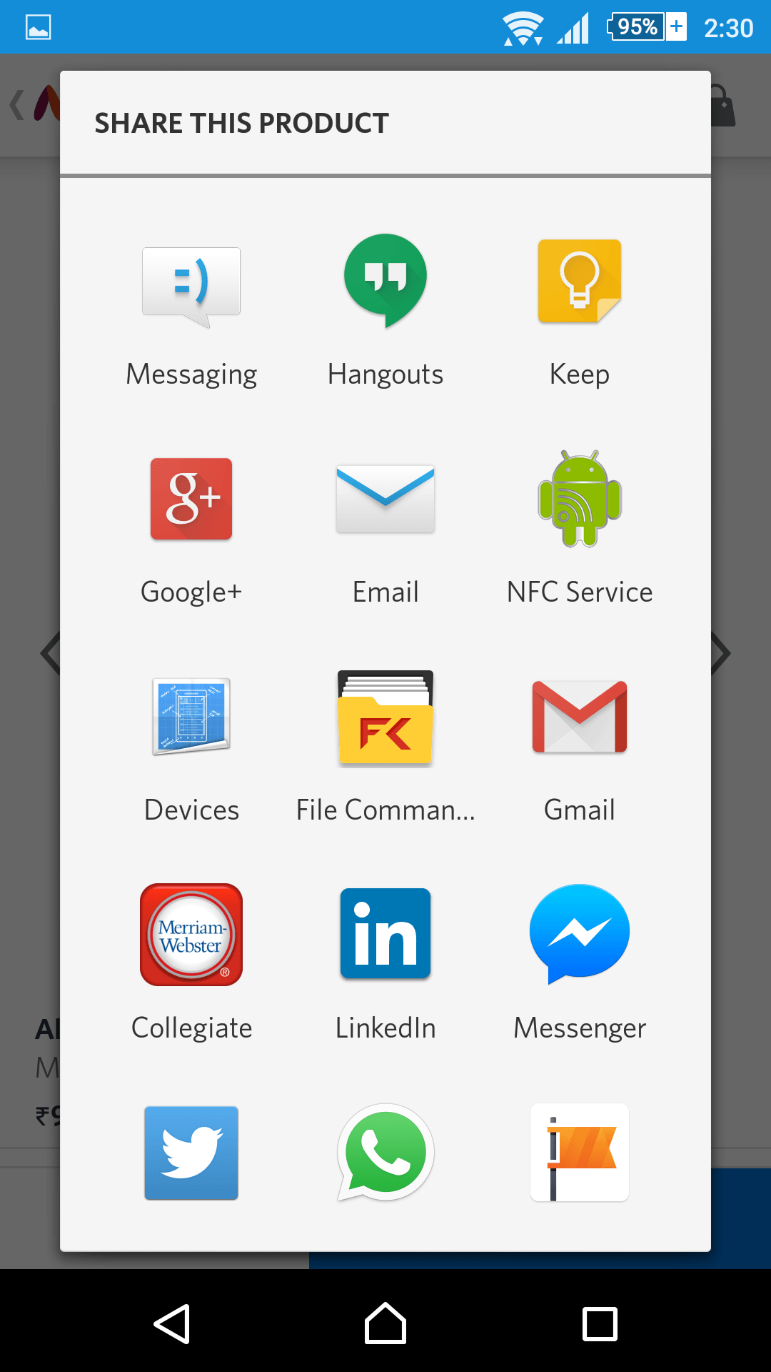Sharing Options on Myntra Mobile App