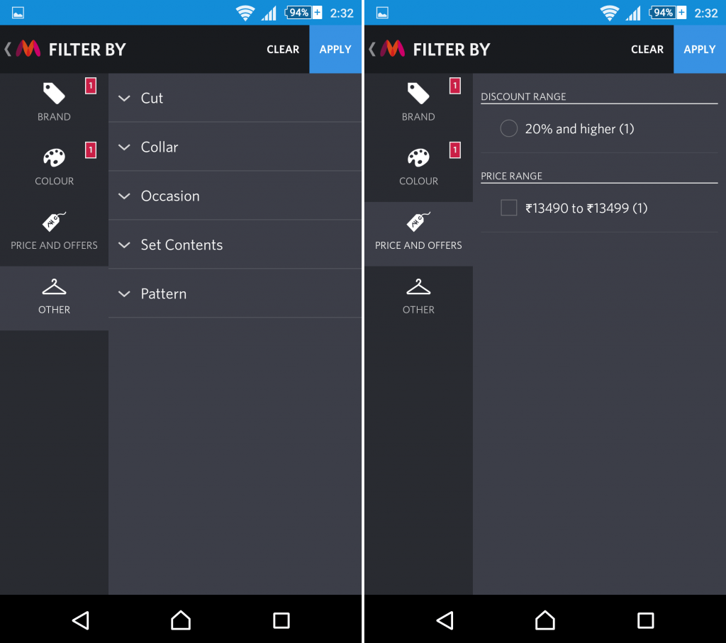 Search Filters in Myntra Mobile App