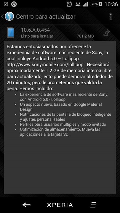 Xperia ZL C6506 10.6.A.0.454  OTA update Lollipop