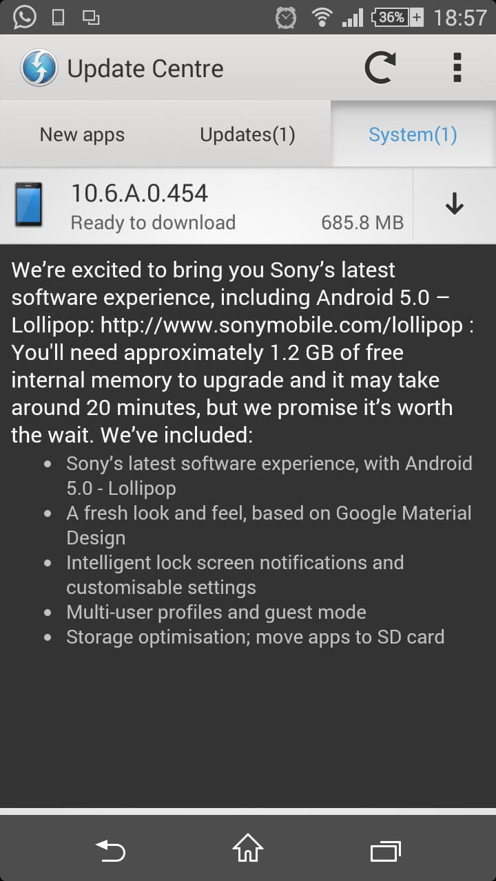 Xperia ZR Lollipop 10.6.A.0.454 firmware OTA Update size 685.8 MB