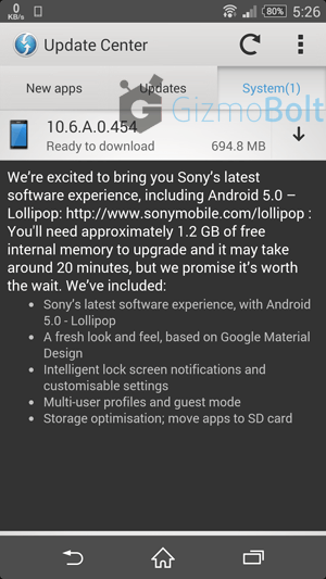 Xperia Z Lollipop 10.6.A.0.454 OTA update