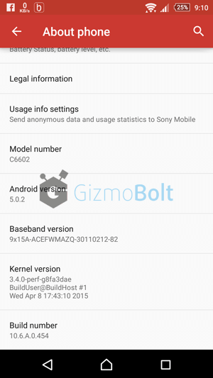 Xperia Z 10.6.A.0.454 about phone screenshot