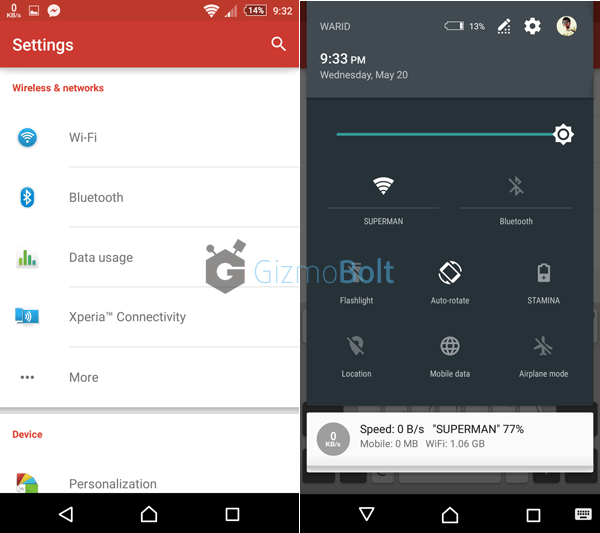 Xperia Z Lollipop 10.6.A.0.454 Notification Menu