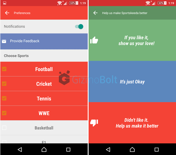 Sportskeeda App settings