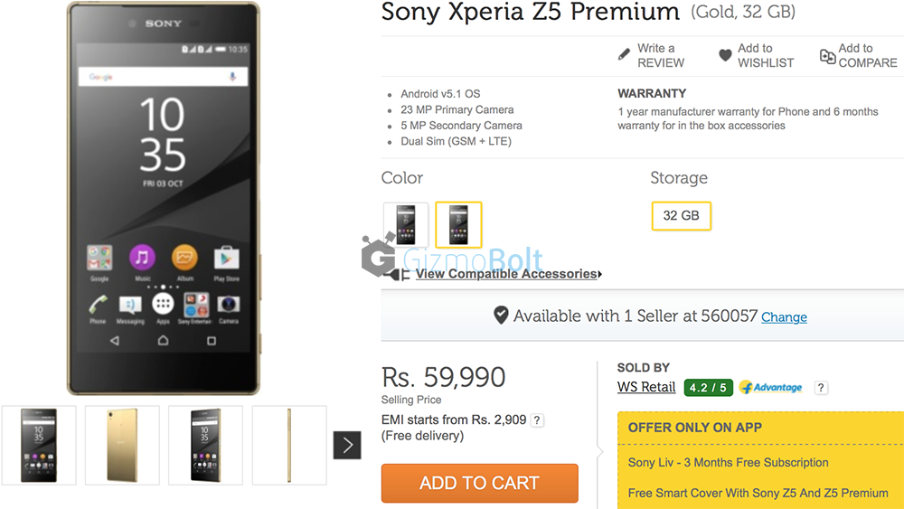 Xperia Z5 Premium available for Rs 59990 from Flipkart