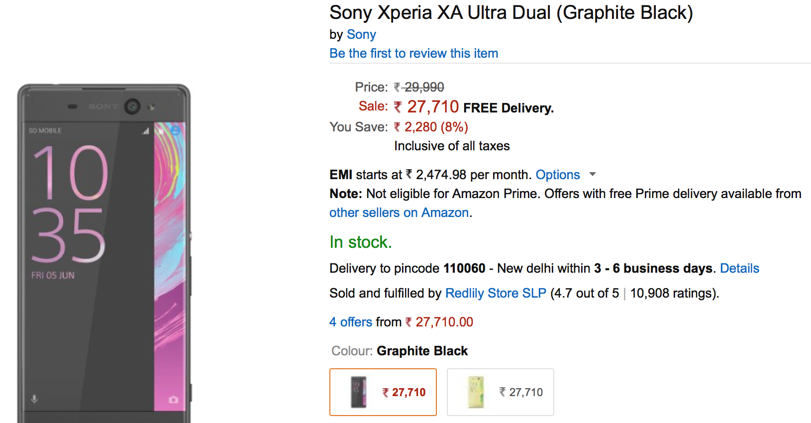 Xperia XA Ultra is available at Rs 27710 ($414) from Amazon India 